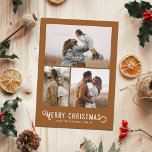 Cartão De Festividades Vintage Winter Orange 3 Photo Collage Christmas<br><div class="desc">Este belo cartão com fotos de feriado apresenta a antiga tipografia estilada,  lendo "Feliz Natal",  junto com três modelos de fotos. A parte de trás do cartão ostenta uma design de colheita de laranjas e flores de inverno.</div>