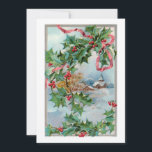 Cartão De Festividades Vintage Winter Rural Village e Christmas Holly<br><div class="desc">Cena de inverno rural encantadora,  com cascas cobertas de neve,  montanhas e árvores na fronteira da cinza clara e festivas,  amarradas com fita vermelha. Recursos gráficos complementares especialmente projetados com campos de texto editáveis.</div>
