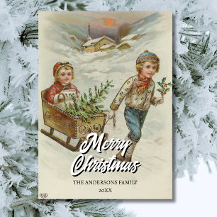Cartão De Festividades Vintage Winter Sleigh Ride com Árvore de Natal