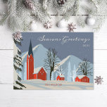 Cartão De Festividades Vintage Winter Village Ice Blue Red Non-Photo<br><div class="desc">A ilustração original de uma safra inspirou a cena do inverno. Saudação é personalizável.</div>