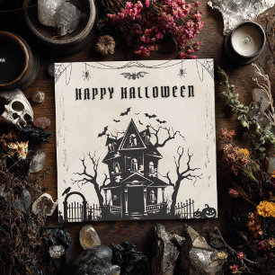 Cartão De Festividades Vintage Witch em Hauned House Pumpkins Bat Gothic