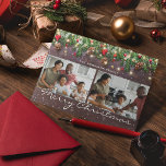 Cartão De Festividades Vintage Wood Christmas 2 Photo<br><div class="desc">Celebre a época de férias com estes cartões de natal rusticados personalizados,  com duas fotos da família a serem substituídas por suas,  um fundo de madeira escuro,  ramos de árvores festivas de natal,  decorações de árvores vermelhas e douradas,  luzes cintilantes de cordas e assinatura da sua família.</div>