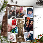 Cartão De Festividades Vintage Wood Snowflakes Bokeh Overlay Foto<br><div class="desc">Envie desejos de férias e saudações aos seus entes queridos com este cartão de feriado chic. Esta placa apresenta sete (7) fotos de sua família favorita em um layout de colagem simétrico. Pavimento de madeira e padrão de lenhador rústico no verso. Disponível como placa plana, cartão dobrado, cartão postal e...</div>