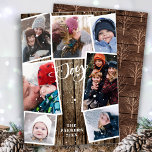 Cartão De Festividades Vintage Wood Snowflakes Bokeh Overlay Foto<br><div class="desc">Mande cumprimentos e desejos de férias para seus entes queridos com esses cartões de natal. Esta placa apresenta sete (7) fotos de sua família favorita em um layout de colagem simétrico. Pavimento de madeira e padrão de lenhador rústico no verso. Disponível como placa plana, cartão dobrado, cartão postal e ímã...</div>