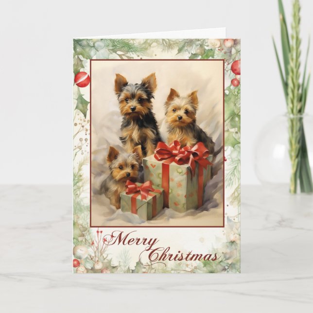 Cartão De Festividades Vintage Yorkie Natal (Frente)