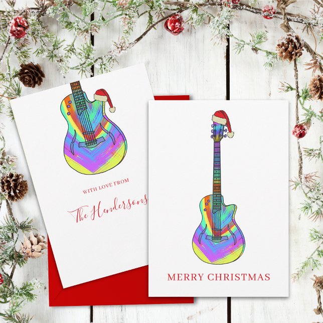 Cartão De Festividades Violão de Natal Colorido Personalizado (Colorful Christmas guitar Santa personalized holiday card)