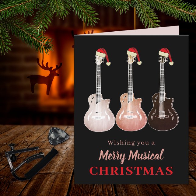 Cartão De Festividades Violão de Natal Rock and Roll (Rock and roll Christmas rustic guitar custom folded holiday greetings card guitarist music teacher)