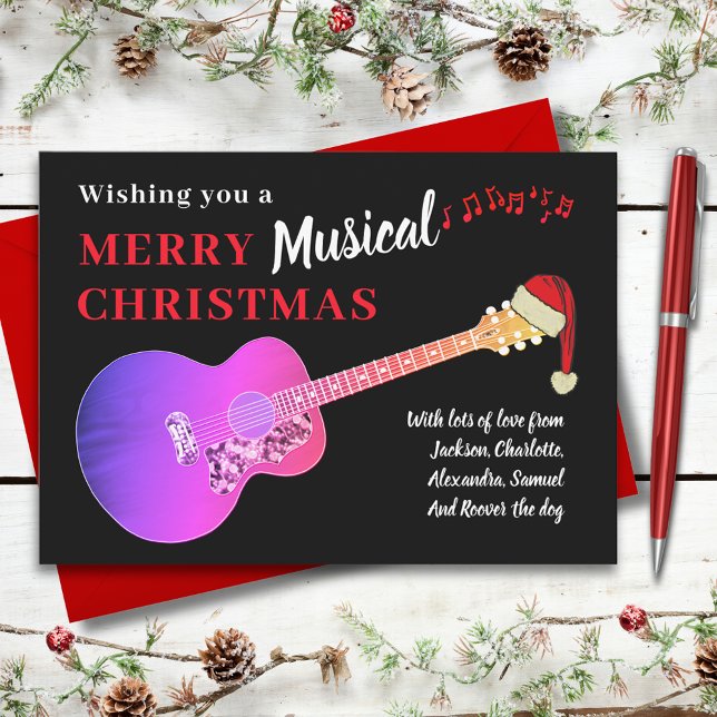 Cartão De Festividades Violão de Natal Vestindo um Chapéu de Papai Noel (Christmas guitar wearing a Santa hat pink and black holiday greetings card)