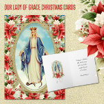 Cartão De Festividades Virgem Abençoada Maria Católica Natal Religioso<br><div class="desc">Apresentando uma bela imagem da Bênção Virgem Maria,  Nossa Senhora de Graça cercada envolta em um quadro de filacorde de ouro cercado por poinsetos vermelhos de Natal. Todo texto e fontes podem ser modificados.</div>