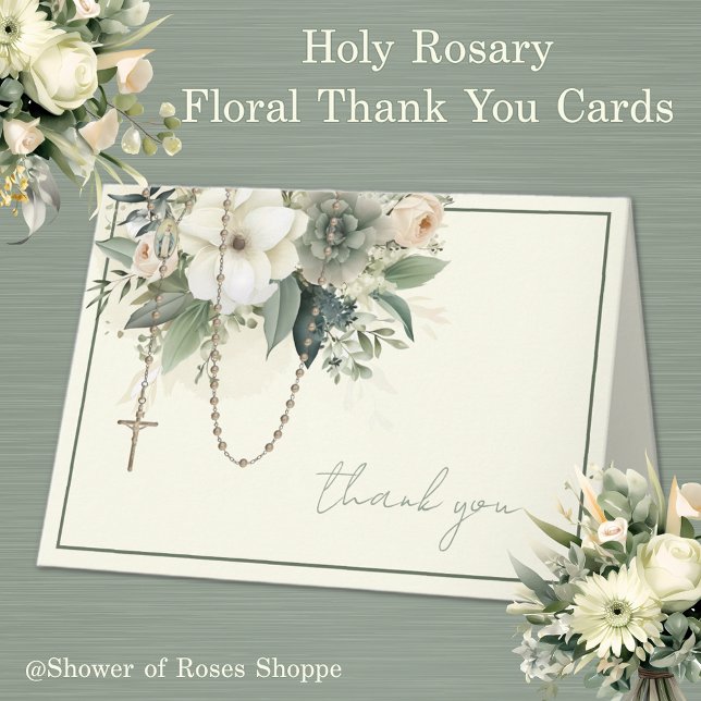 Cartão De Festividades Virgem Elegante Mary Católica Religiosa Floral (Traditional Catholic Floral Rosary Thank you Cards  - Easy to personalize)