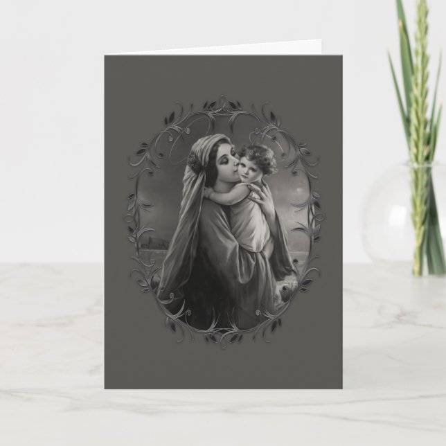 Cartão De Festividades Virgem Maria e Criança Jesus com Quadro de Prata E (Frente)