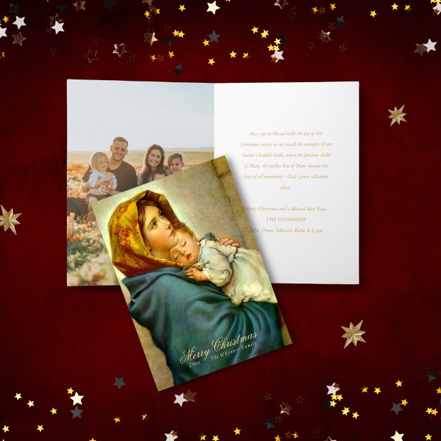 Cartão De Festividades Virgem Maria e Jesus com Natal católico fotográfic (Folded religious Christmas card with Madonna and Child and family photo for Catholics and Christians)