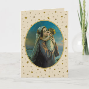 Cartão De Festividades Virgem Maria e Menino Jesus em Fundo Estrelado