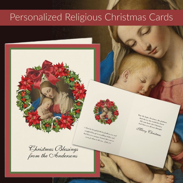 Cartão De Festividades Virgem Maria Jesus Escritura Floral de Natal (Traditional Religious Vintage Christmas Cards with Madonna and Child  Easy to personalize!)