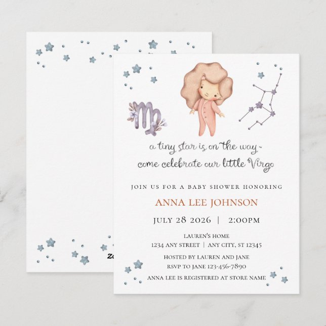 Cartão De Festividades Virgo Zodiac Baby Shower Invitation (Frente/Verso)