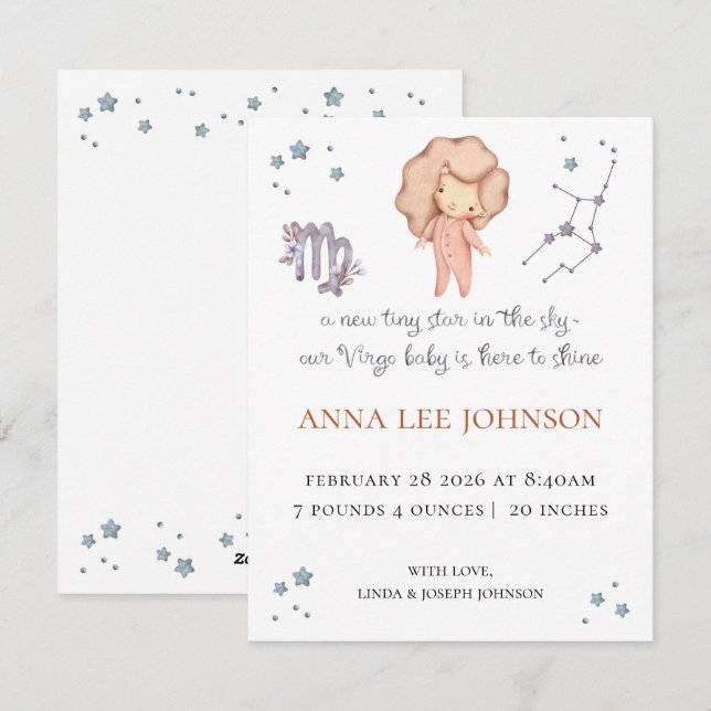 Cartão De Festividades Virgo Zodiac Birth Announcement (Frente/Verso)