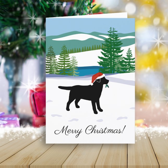 Cartão De Festividades Vista de inverno de Natal do Black Labrador (Black Labrador Winter View Design Christmas Cards for Labrador Owners.  Dog Silhouette Design.)