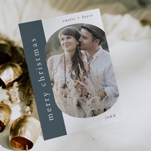 Cartão De Festividades Viva o Natal do Natal (EMELIA Blue Xmas Greeting Photo Merry Christmas Holiday Card)