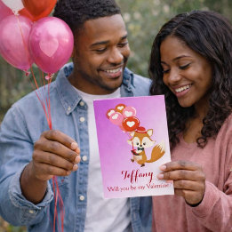 Cartão De Festividades Você será meu namorado Raposa com Balões