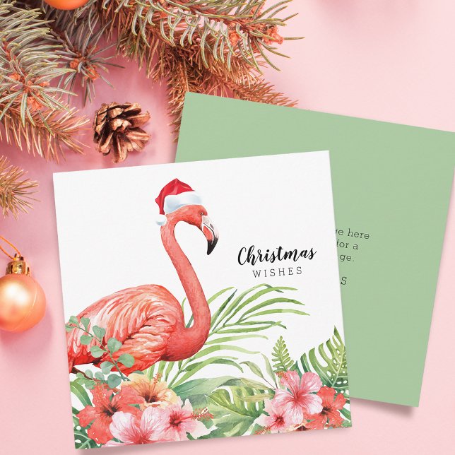 Cartão De Festividades Vontade de Flamingo Floral de Natal (Christmas Flamingo Floral Greenery Wishes Holiday Card)