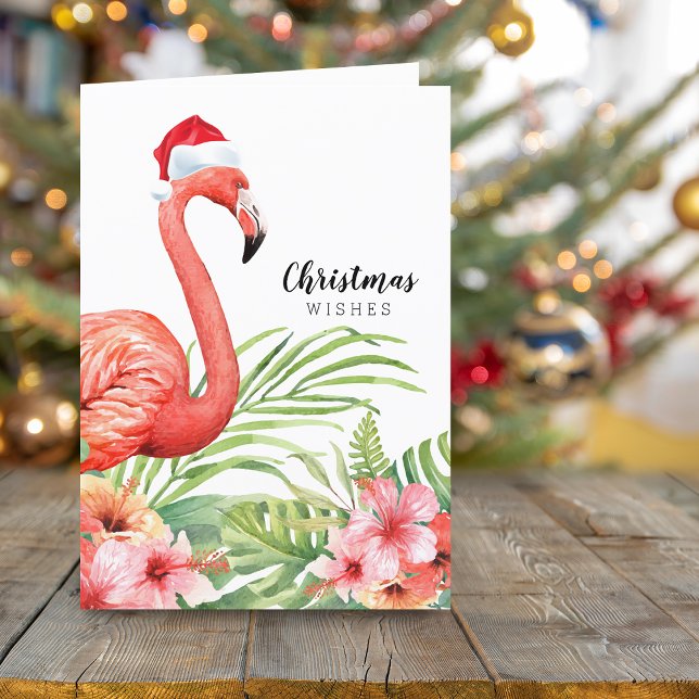 Cartão De Festividades Votos de Natal com Flamingo e Verdura Floral (Christmas Flamingo Floral Greenery Wishes Holiday Card)