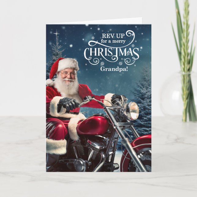 Cartão De Festividades Vovô Biker Papai noel Natal com pinheiros de inver (Frente)