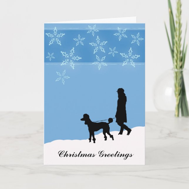 Cartão De Festividades Walking a Poodle in the Snow, Christmas Greetings (Frente)