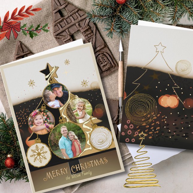 Cartão De Festividades Warm Bokeh Black & Gold 4-Photo Christmas Tree  (Warm Bokeh Black & Gold 4-Photo Christmas Tree Holiday Card)