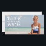 Cartão De Festividades Warm Holiday Wishes | 2015 Holiday Photo Greeting<br><div class="desc">Use your favorite photo for full coverage for this Holiday Photo card. Whimsical fonts with "Sending Warm Holiday Wishes" with white starfish and a thin white border. Add three lines of text or you can click on "customize it" to add more text. If you have any questions on the design...</div>