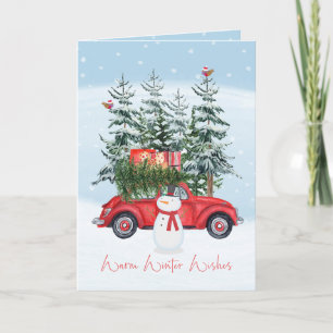 Cartão De Festividades Warm Winter Wishes Christmas Snowman and Car