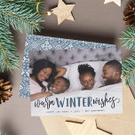 Cartão De Festividades Warm Winter Wishes | Full Photo<br><div class="desc">Whether you hail from warm or cool climes, share cozy holiday greetings with our photo cards featuring "warm winter wishes" as a text overlay in shades of wintry dark blue. Add your favorite full bleed horizontal or landscape oriented photo, and personalize with your family name(s) and a custom greeting or...</div>