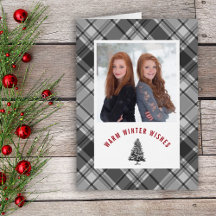 Warm Winter Wishes Gray Plaid Photo Christmas