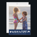 Cartão De Festividades Warm Wish Florida Beach Family Photo Christmas<br><div class="desc">Cartões de natal de Natal numa praia moderna "desejos quentes" náutica marinho azul e design de areia branca. Personalize com sua foto e seus nomes. Este cartão de Natal de praia inverte-se para um design de faixa náutica azul e branca marinho no verso. Posso modificar esta placa para uma cor...</div>