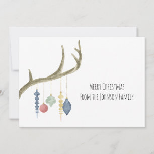 Cartão De Festividades Watercolor Antlers with Ornaments Christmas Card