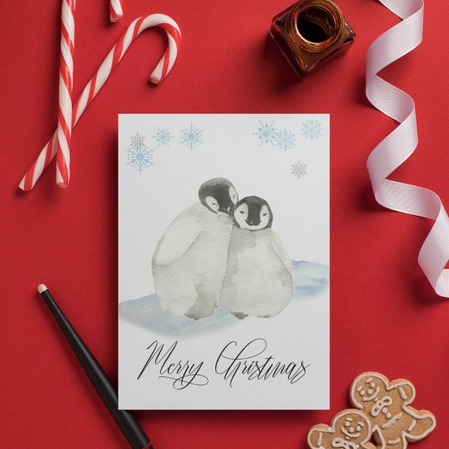Cartão De Festividades Watercolor Baby Penguin Feliz Natal (Criador carregado)