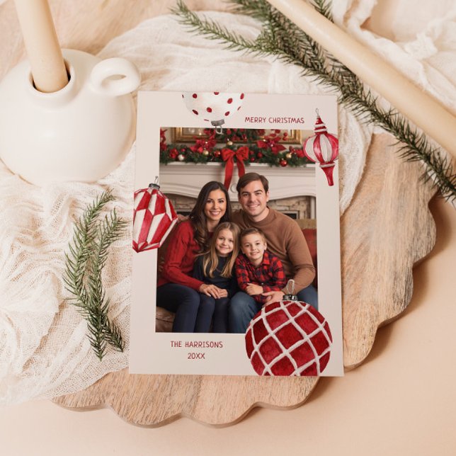 Cartão De Festividades Watercolor Baubles Photo (Criador carregado)