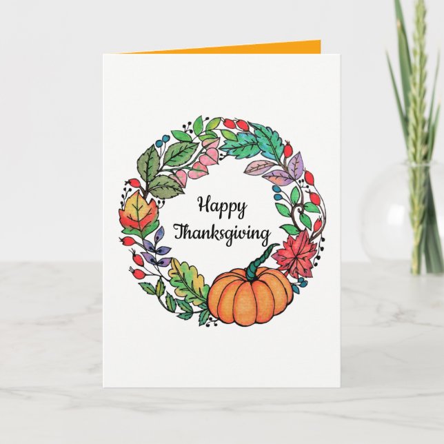 Cartão De Festividades Watercolor Belo Pumpkin Wreath com folhas (Frente)