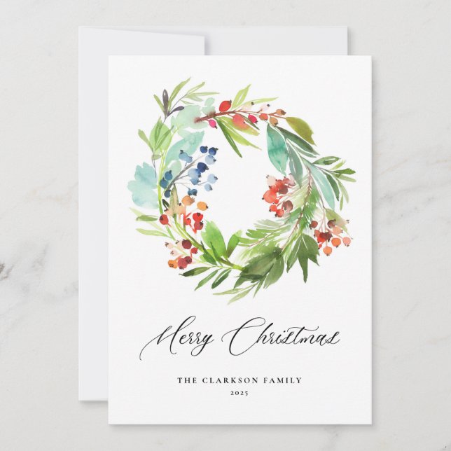 Cartão De Festividades Watercolor Berries Greenery Wreath Feliz Natal (Frente)