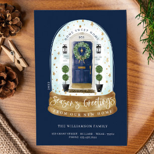 Cartão De Festividades Watercolor Blue Door Snow Globe New Home Photo