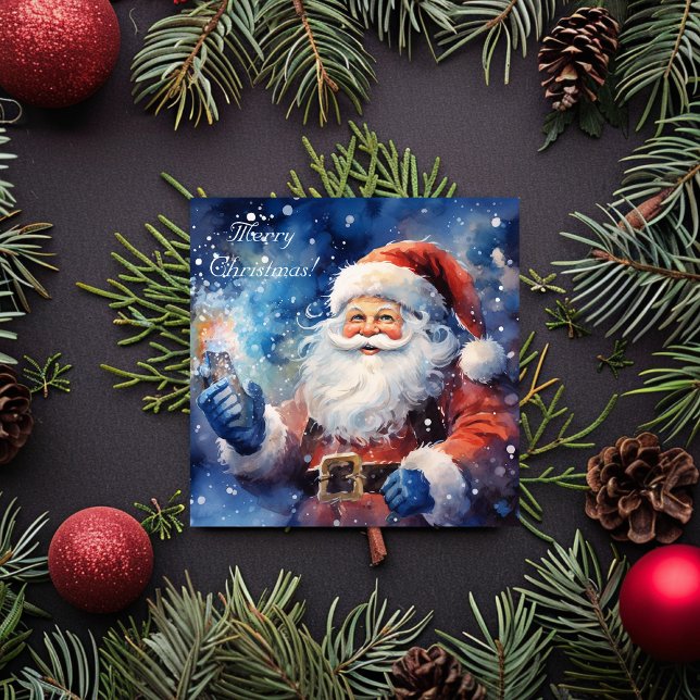 Cartão De Festividades Watercolor Blue Merry Natal Papai Noel (Watercolor Blue Merry Christmas Santa Claus Holiday Card)