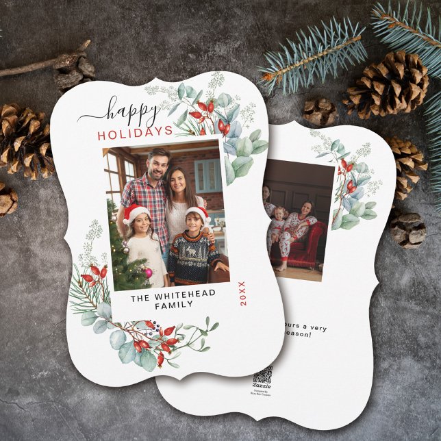 Cartão De Festividades Watercolor Botanical Holly Photo (You will love these beautiful Christmas cards! They feature botanical watercolor pine and berries.)