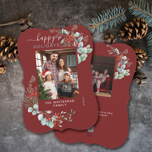 Cartão De Festividades Watercolor Botanical Photo Burgundy (You will love these beautiful Christmas cards! They feature botanical watercolor pine and berries.)
