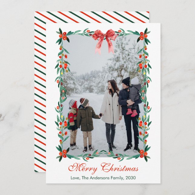 Cartão De Festividades Watercolor Bow Christmas Greenery Berries Photo  (Frente/Verso)
