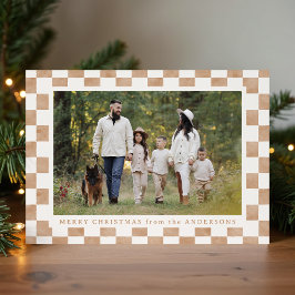Cartão De Festividades Watercolor Brown e Cream Gingham Foto de Natal