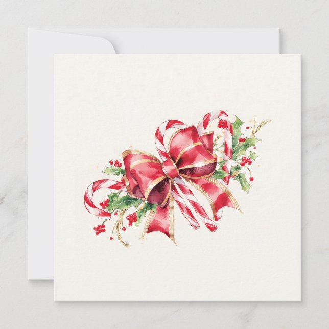 Cartão De Festividades Watercolor Candy Cane Red Bow Holly (Frente)