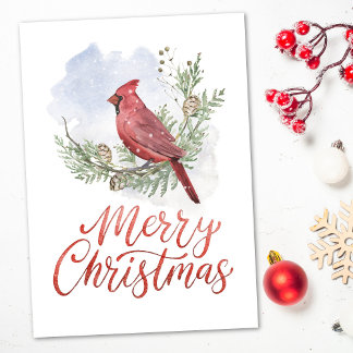 Cartão De Festividades Watercolor Cardinal Conifers Snow Christmas