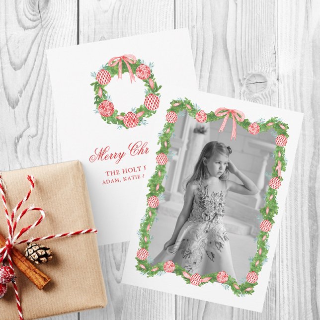 Cartão De Festividades Watercolor Chinoiserie Ornament Garland Christmas (Chinoiserie Christmas Red Ornament Garland and Wreath Photo Card)