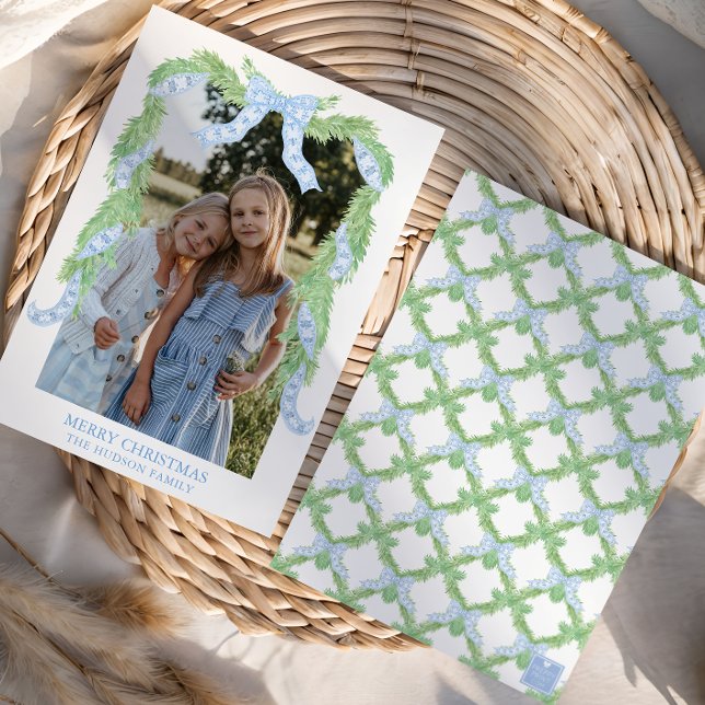 Cartão De Festividades Watercolor Christmas Blue Arco Garland Photo (Criador carregado)