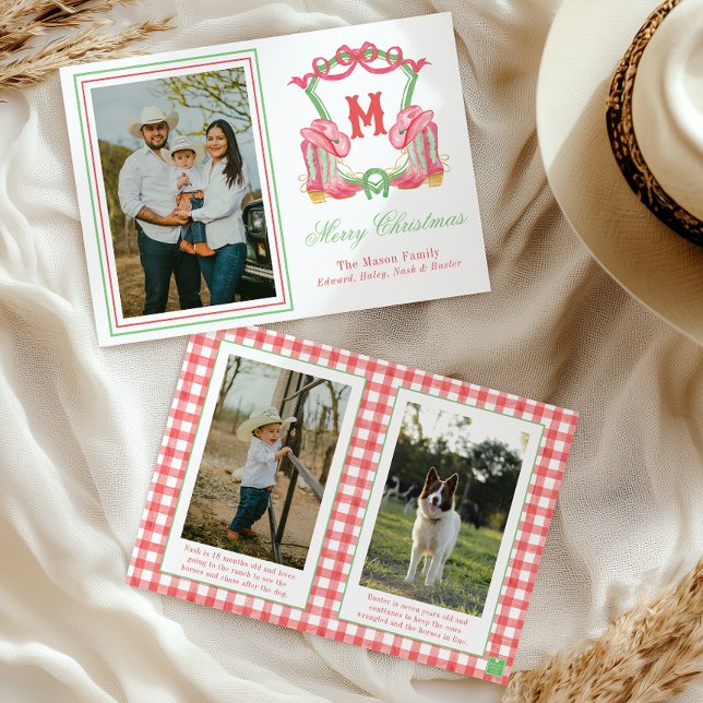 Cartão De Festividades Watercolor Christmas Boots Monogramas Crest Foto (Criador carregado)