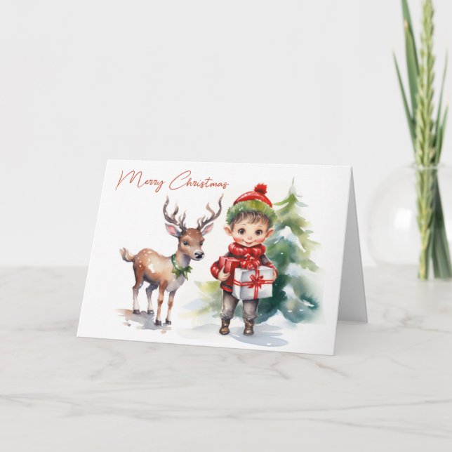 Cartão De Festividades Watercolor Christmas Elf e Reindeer (Frente)